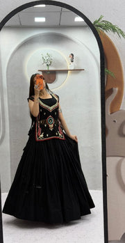 Women’s Black Lehenga Choli Set, Traditional Indian Ethnic Wear with Embroidered Mirror Work