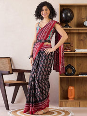 Women’s Black and Red Printed Mul Cotton Ready to Wear Saree with Pocket
