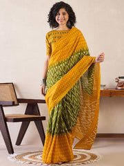 Women’s Ready to Wear Mul Cotton Saree with Pocket, Mustard Yellow and Olive Green