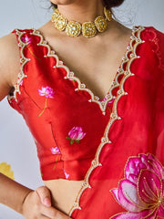 Women’s Red Floral Printed Saree with Embroidered Border