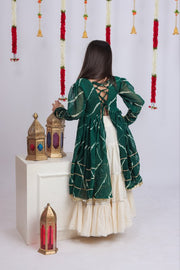 Girls Traditional Indian Lehenga Choli Set with Green Bandhani Printed Kurti