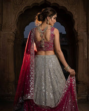 Women’s Magenta Pink & Silver Embroidered Lehenga Choli Set with Dupatta