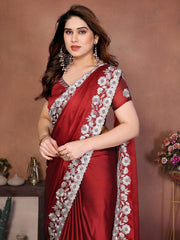 Women’s Saree with Floral Embroidery Border, Elegant Indian Traditional Look
