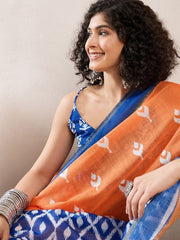 Women’s Ready to Wear Mul Cotton Saree with Pocket, Orange and Blue Printed