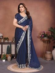 Women’s Saree with Floral Embroidery Border, Elegant Indian Traditional Look
