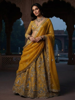 Women’s Mustard Yellow Embroidered Lehenga Choli Set with Dupatta