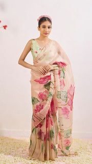 Women’s Ready to Wear Organza Silk Saree, Peach Floral Printed Stitched Saree
