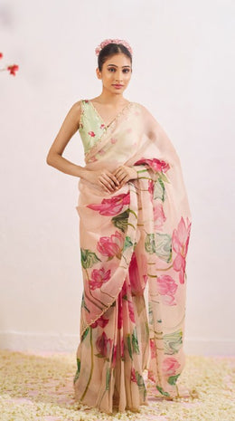 Women’s Ready to Wear Organza Silk Saree, Peach Floral Printed Stitched Saree