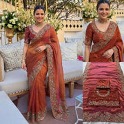Rust Orange and Off White Embroidered Designer Saree – Indian Wedding Guest & Party Wear Saree