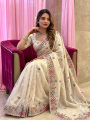 Ivory Tissue Silk Saree – Heavy Embroidered Indian Wedding & Party Wear Saree