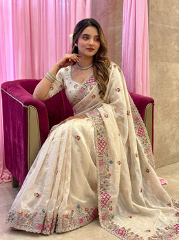 Ivory Tissue Silk Saree – Heavy Embroidered Indian Wedding & Party Wear Saree