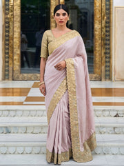 Pastel Pink Kanjivaram Silk Saree – Gold Zari Embroidered Wedding & Bridal Saree