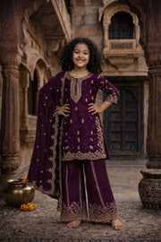 Girls Purple Embroidered Kurta Palazzo Set with Dupatta