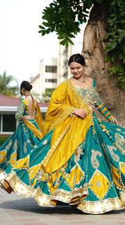 Women’s Teal Blue & Yellow Embroidered Lehenga Choli Set with Dupatta