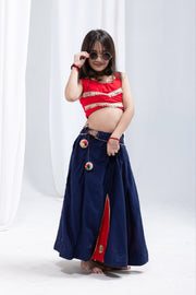Girls Traditional Indian Navy Blue and Red Lehenga Choli Set