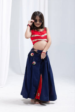 Girls Traditional Indian Navy Blue and Red Lehenga Choli Set