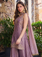 Women’s Lavender Embroidered Anarkali Palazzo Suit Set with Dupatta
