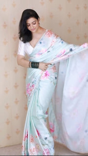 Women’s Pastel Floral Printed Saree with Elegant Border for Wedding, Party & Festive Wear