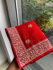 Red Saree for Women with Embroidered Border and Floral Motif Work