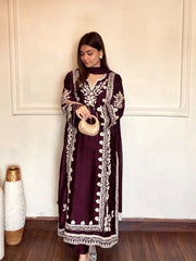 Women’s Maroon Embroidered Long Kurta with Ethnic Design