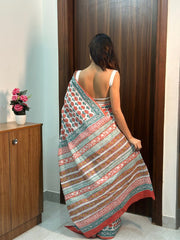 Women’s White Mul Cotton Floral Printed Ready-to-Wear Saree with Multicolor