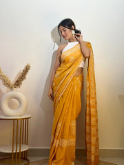Women’s Mustard Yellow Ready to Wear Mul Cotton Saree with Pocket