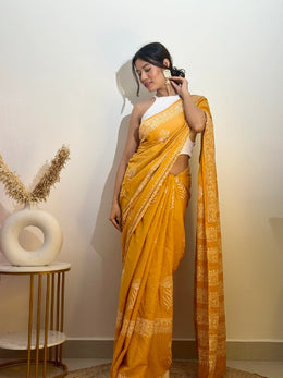 Women’s Mustard Yellow Ready to Wear Mul Cotton Saree with Pocket