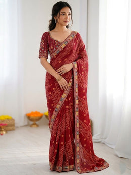 Women’s Green Bandhani Print Saree with Embroidery Work Border
