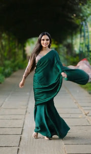 Women’s Ready to Wear Crape Silk Saree, Elegant Dark Green Printed Stitched Saree
