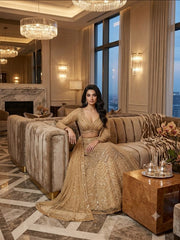 Women’s Champagne Gold Embroidered Lehenga Choli Set with Dupatta