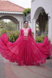 Women’s Printed Anarkali Dress with Embroidered Yoke