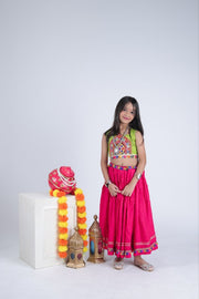 Girls Traditional Indian Lehenga Choli Set with Pink Flared Skirt and Green Embroidered Blouse