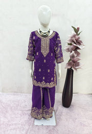 Girls Purple Embroidered Kurta Palazzo Set with Dupatta