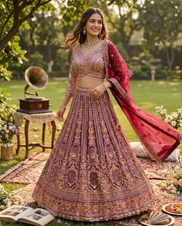 Women’s Maroon Butterfly Net Embroidered Lehenga Choli with Dupatta