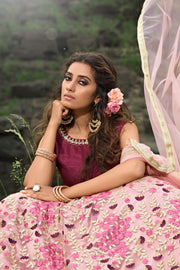 Women’s Pink Floral Embroidered Designer Lehenga Choli with Dupatta.