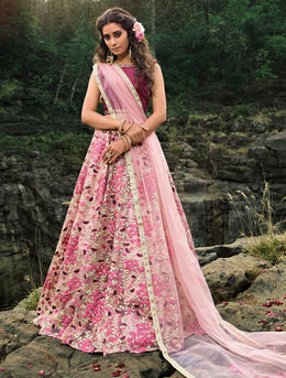 Women’s Pink Floral Embroidered Designer Lehenga Choli with Dupatta.