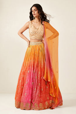 Women’s Orange & Pink Embroidered Designer Lehenga Choli with Dupatta
