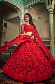 Women’s Red Heavy Embroidered Lehenga Choli with Dupatta