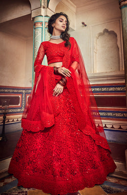 Women’s Red Heavy Embroidered Lehenga Choli with Dupatta