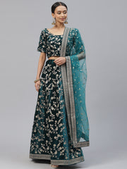 Women’s Blue Floral Embroidered Lehenga Choli with Dupatta.