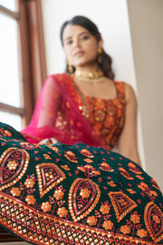 Women’s Dark Green Embroidered Lehenga Choli with Dupatta
