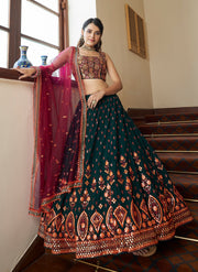 Women’s Dark Green Embroidered Lehenga Choli with Dupatta