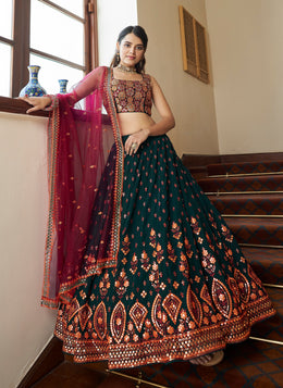 Women’s Dark Green Embroidered Lehenga Choli with Dupatta
