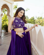 Women’s Purple Velvet Embroidered Lehenga Choli with Dupatta