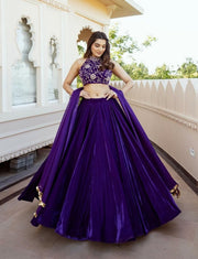 Women’s Purple Velvet Embroidered Lehenga Choli with Dupatta