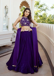 Women’s Purple Velvet Embroidered Lehenga Choli with Dupatta