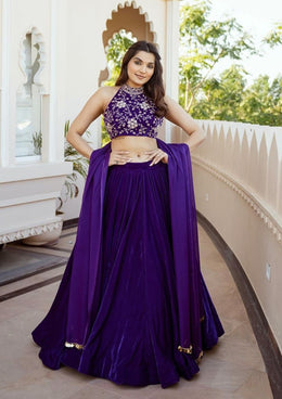 Women’s Purple Velvet Embroidered Lehenga Choli with Dupatta