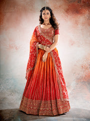 Women’s Orange Embroidered Lehenga Choli with Dupatta