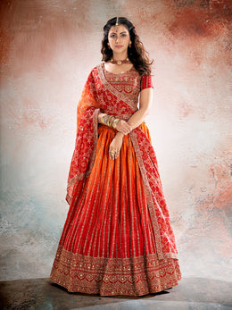 Women’s Orange Embroidered Lehenga Choli with Dupatta