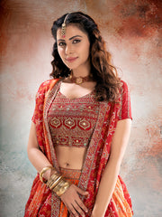 Women’s Orange Embroidered Lehenga Choli with Dupatta